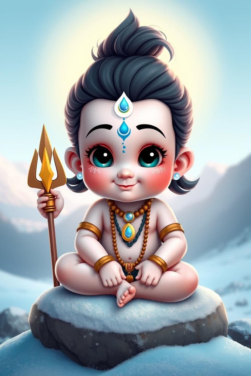 AI generated: See new posts
Create an ultra-cute child version of Lord Shiva (Bal Shiva). A small divine boy with big expressive eyes, soft innocent smile, tiny trishul, small blue aura, little