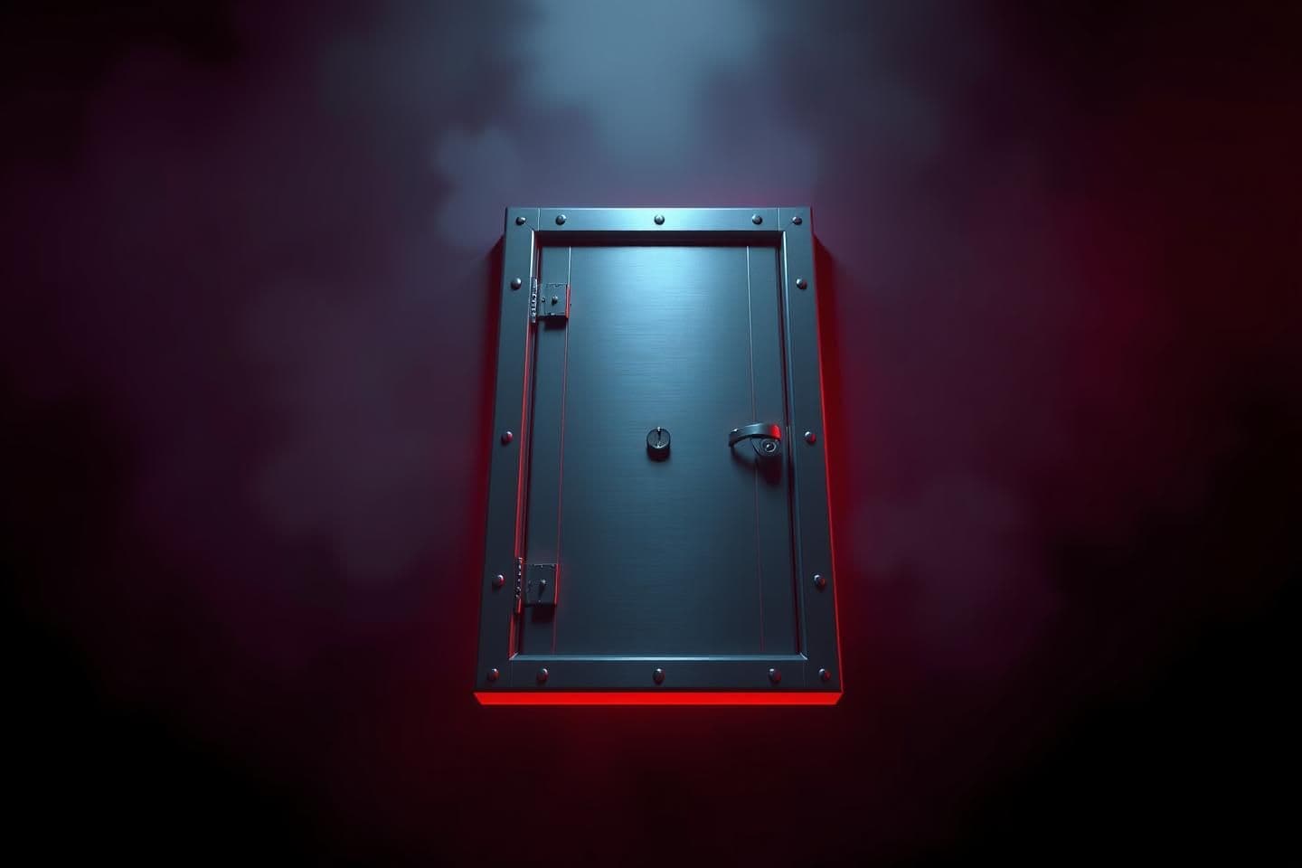 AI generated: A highly stylized 3D render showing a locked metallic door floating in mid-air surrounded by darkness, a faint red glow seeping through the edges, lit by deep contrast lighting wit