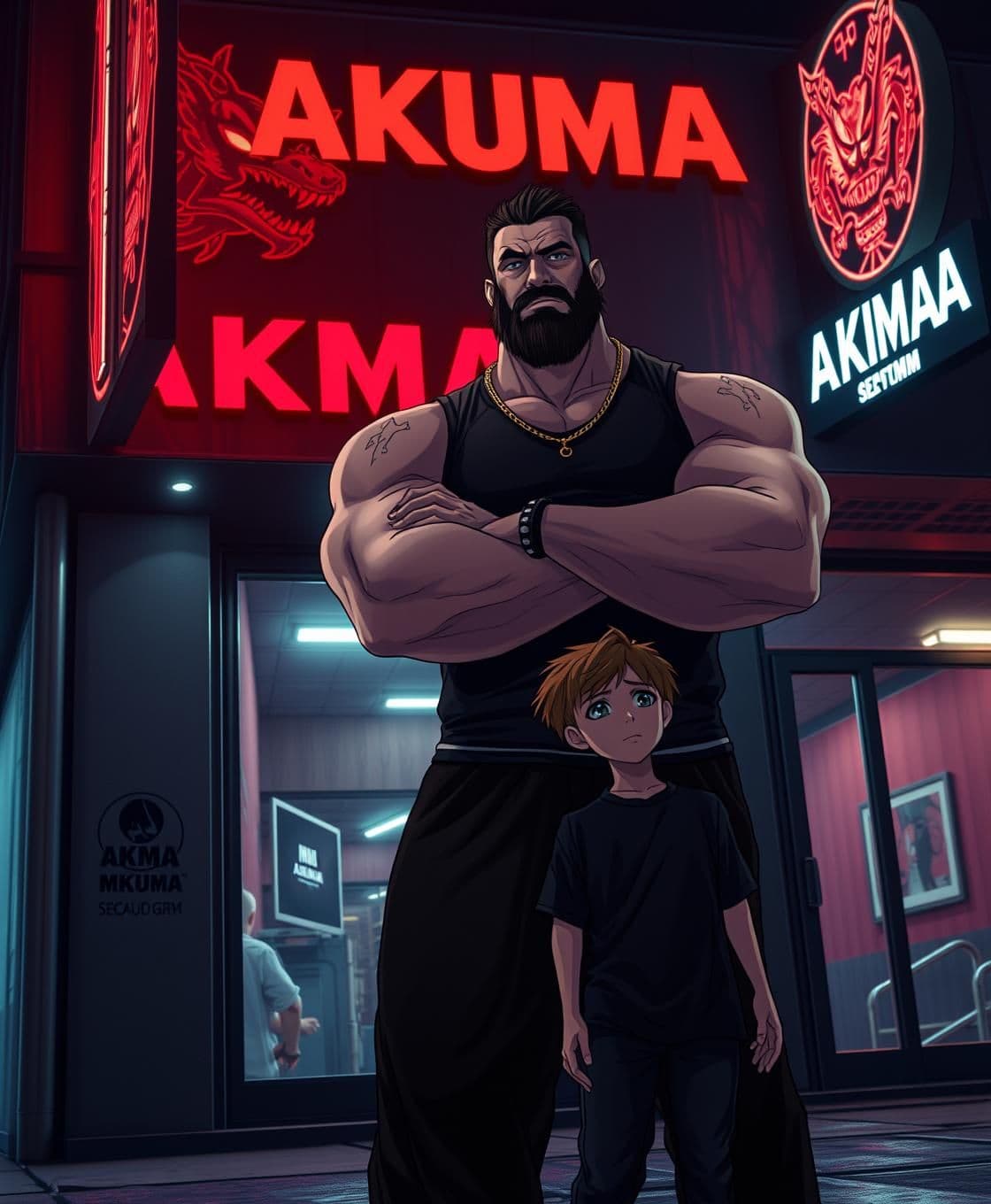 AI generated: Anime style, dark gritty atmosphere, night time, neon-lit street, exterior of "AKUMA MMA" gym with large red glowing sign and a fierce oni/demon dragon logo, dramatic rim lighting,