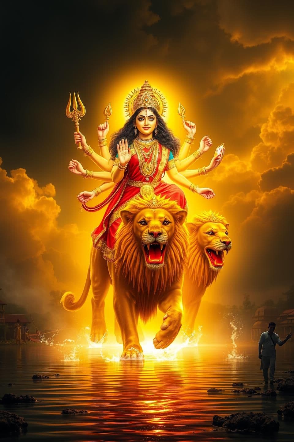 AI generated: Maa Durga emerges from the golden divine light, riding a majestic glowing lion. She wears a red saree with a golden border, eight radiant arms holding a trishul, chakra, sword, and