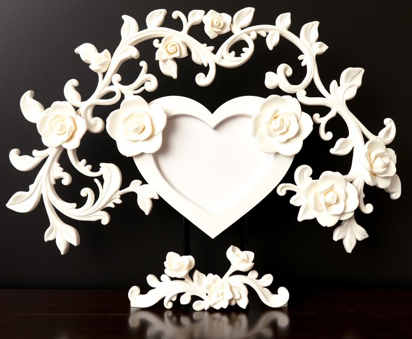 AI generated: Well structured Heart shape and A beautiful 3D printed photo frame with flowing organic vines and delicate roses, art nouveau style, seamless continuous design, matte white PLA mat