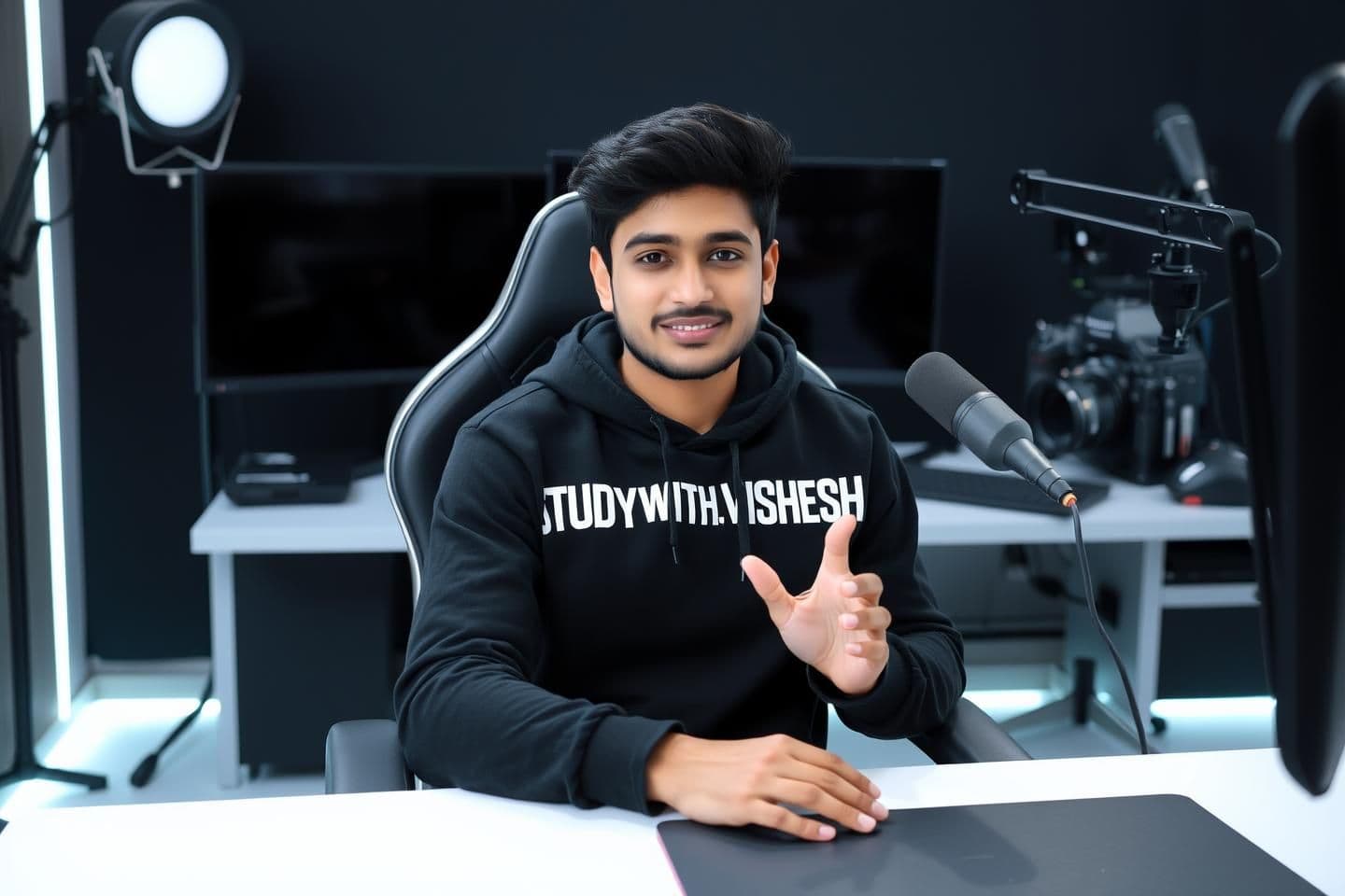 AI generated: An Indian 16 years boy sitting confidently on a
modern gaming chair in his YouTube studio. He is wearing a black hoodie with "STUDY_WITH_VISHESH" boldly printed on it. His face is