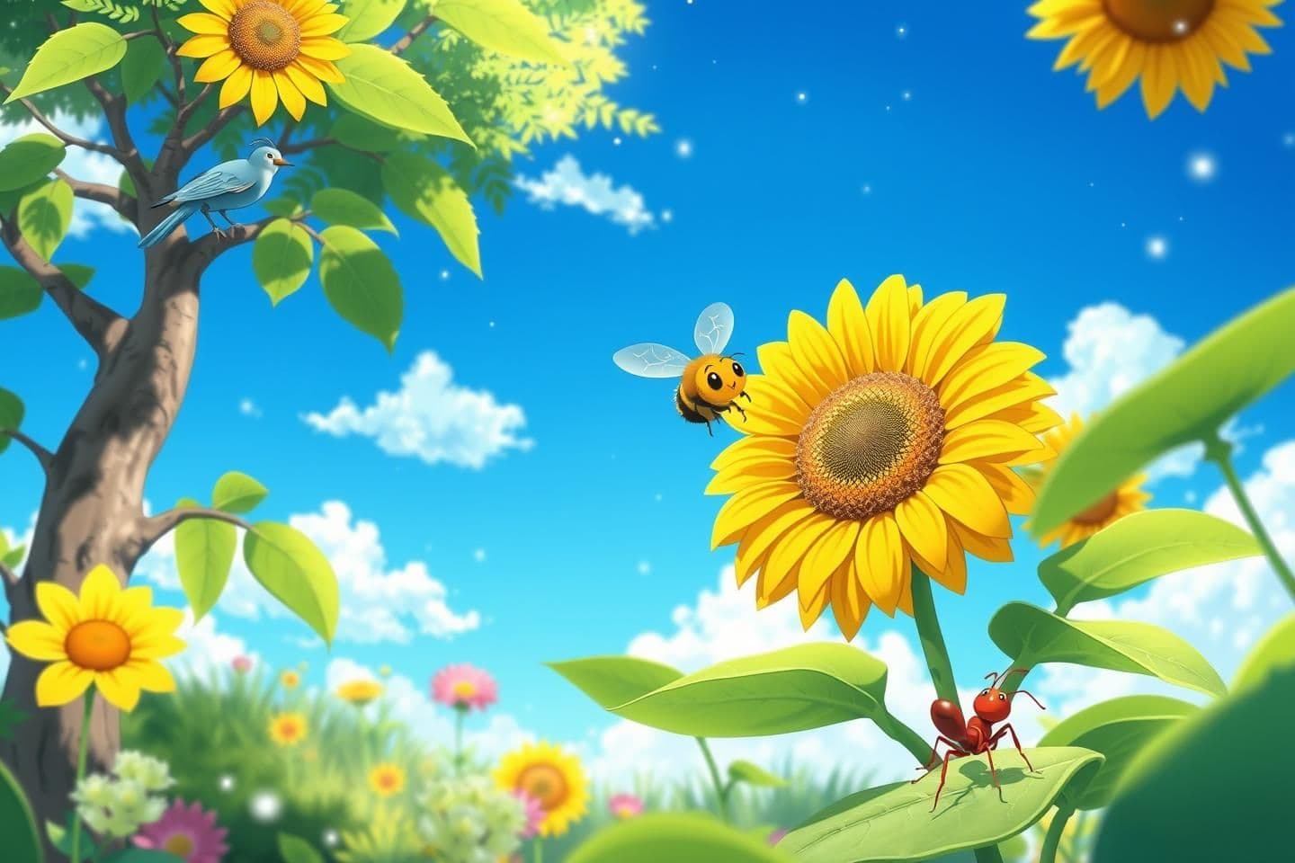 AI generated: Prompt: A vibrant YouTube thumbnail illustration in Studio Ghibli anime style. In a beautiful sunny garden, a cute fluffy honeybee is flying near a large sunflower in the center. O