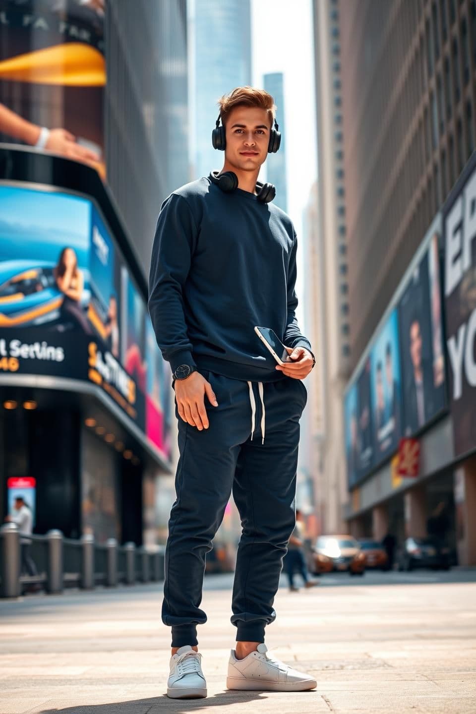 AI generated: Ultra-realistic urban portrait of the same young man (face - hairstyle exactly like the uploaded image), looking smart, modern, and youthful. He stands confidently near a luxurious