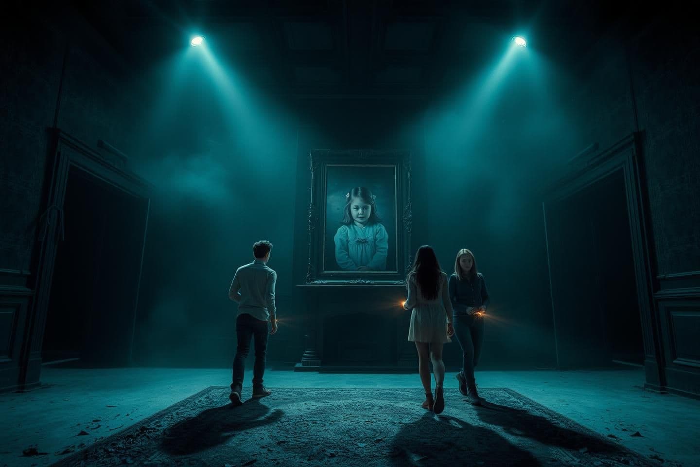 AI generated: Night scene inside an abandoned haunted mansion located in the mountains of a small mysterious town. Time is around 12 AM, the atmosphere is foggy and cold. Four young friends (two