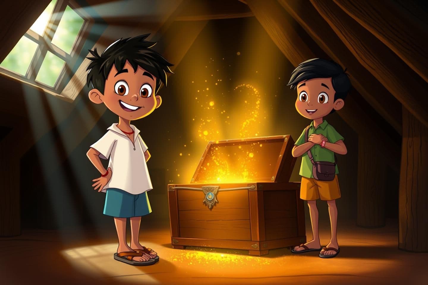 AI generated: Inside a dimly lit attic with wooden beams and sun rays shining through a window, 10-year-old Indian boy, light brown skin, messy black hair, big brown eyes, happy smile. Wears whi