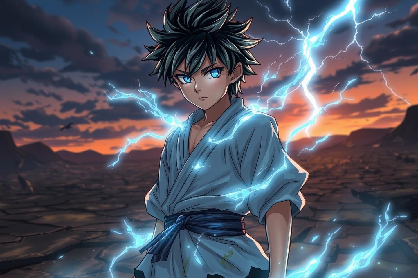 AI generated: A young warrior with spiky black hair and silver highlights, surrounded by a shimmering silver-blue aura. His eyes glow faintly, showing signs of heightened reflexes and calm focus