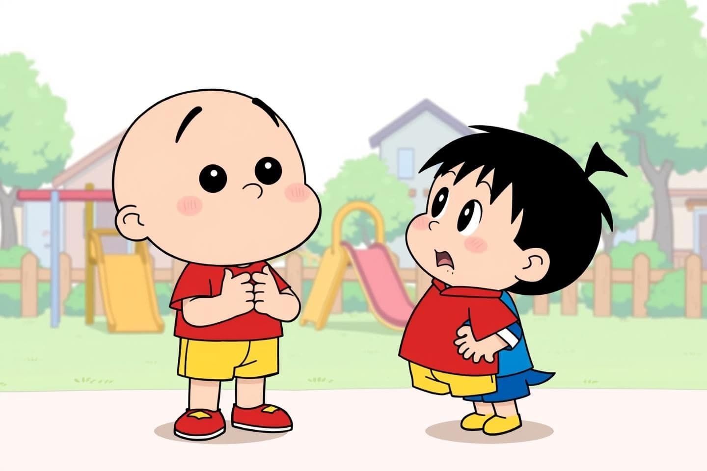 AI generated: "Create an image in the exact animation style of 'Crayon Shinchan'.
Scene: Shinchan Nohara is talking to Masao at the playground.
Shinchan is standing with his usual mischievous sm