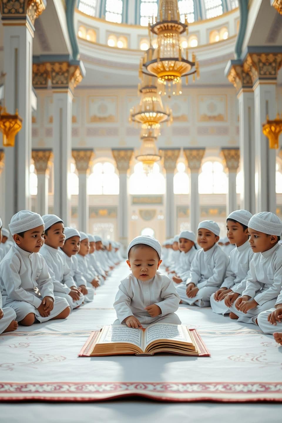 AI generated:
“A hyper-realistic, crystal-clear 8K vertical cinematic Islamic scene inside Masjid-e-Nabawi.
In the center, a 1-year-old extremely cute Muslim baby boy is sitting gracefully on a