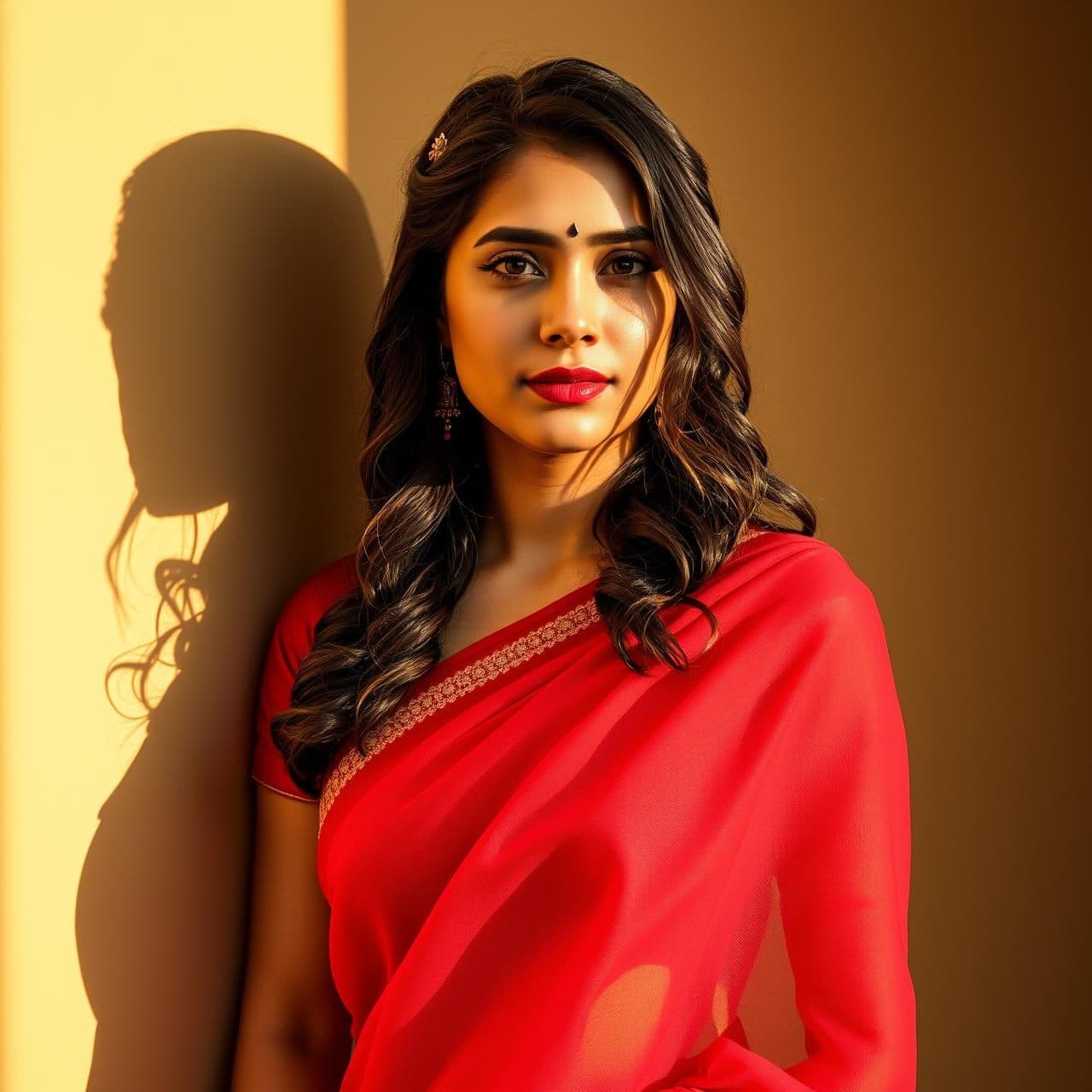 AI generated: A graceful woman standing against a warm beige wall during golden hour, wearing a flowing sheer red saree with elegant draping. Soft sunlight creates gentle shadows on the wall, hi