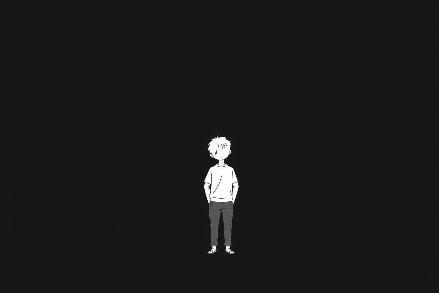 AI generated: A minimal illustration of a boy standing alone on a plain black background, hands in pockets, head slightly tilted as he thinks deeply, with a subtle soft glow around him. Simple c