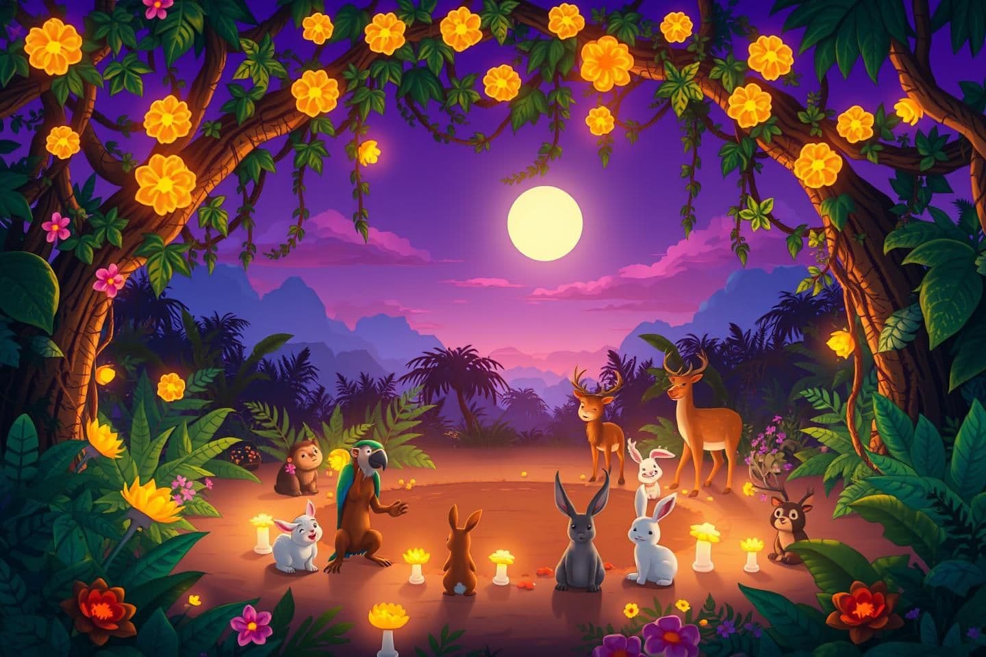 AI generated: 2. The Moonlight Festival Begins
Prompt:
A circular clearing in the jungle decorated with vines and glowing flowers. Animals like monkeys, parrots, deer, and rabbits gather excite