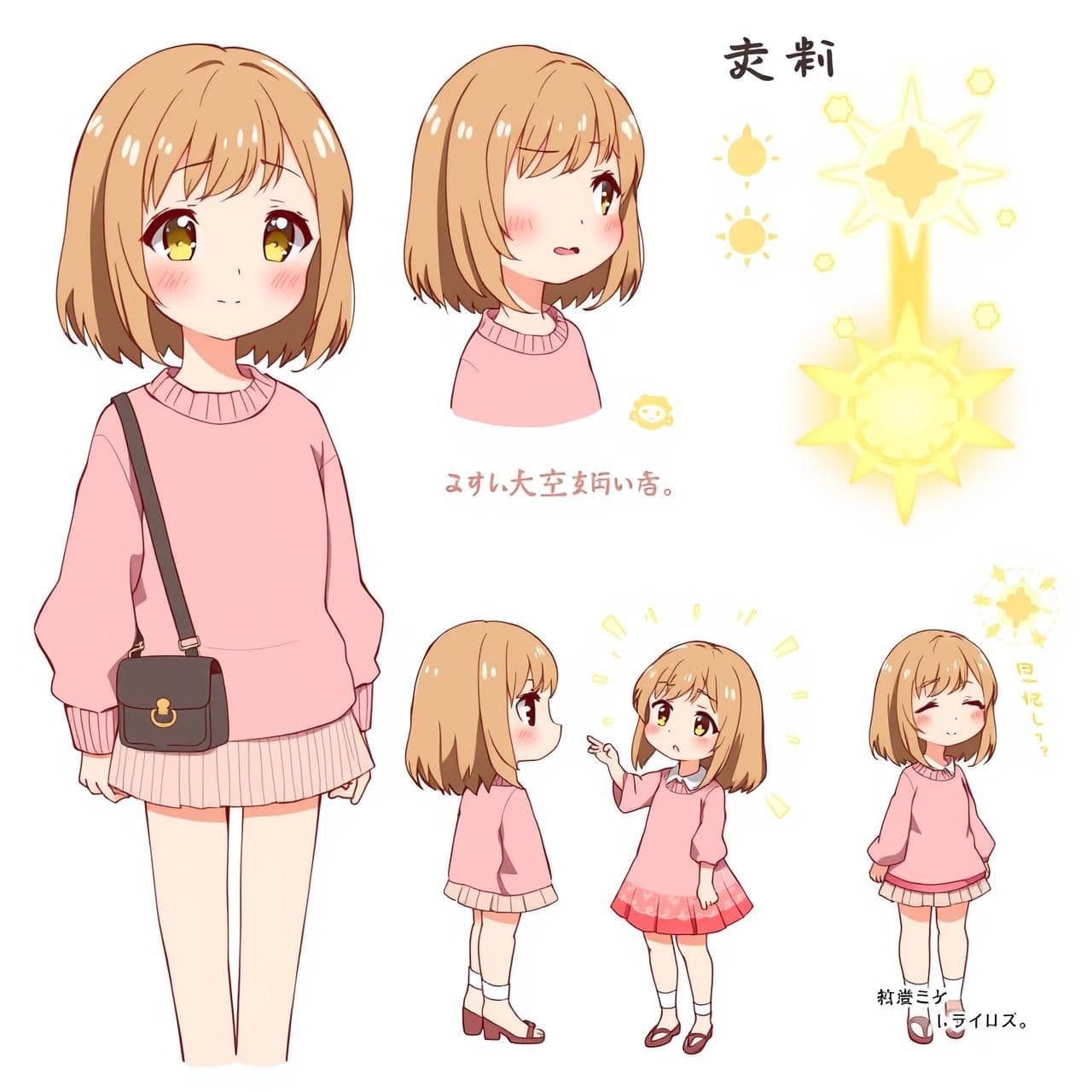 AI generated: Anime character sheet of a cute teenage girl with soft features.
Medium-length light brown hair, big warm eyes, innocent smile.
Outfit: pastel sweater, short pleated skirt, small