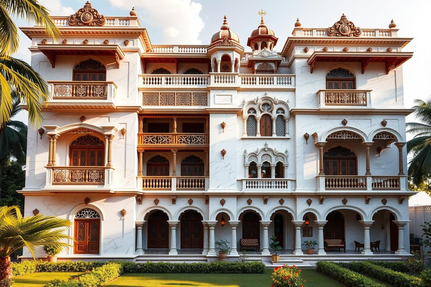 AI generated: A grand five-floor residential home designed for a traditional Vaishnav sampraday family, featuring elegant Indian architecture with white marble walls, carved wooden balconies, pe