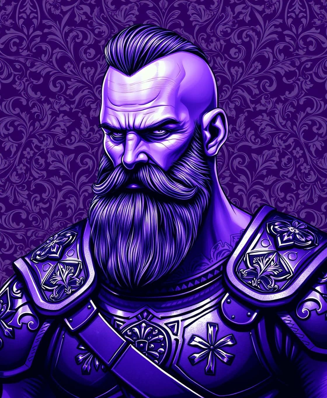 AI generated: Image is a digital artwork featuring a stylized portrait of a man with a strong, chiseled face and a rugged beard. His skin is depicted in shades of purple, giving a surreal and ar