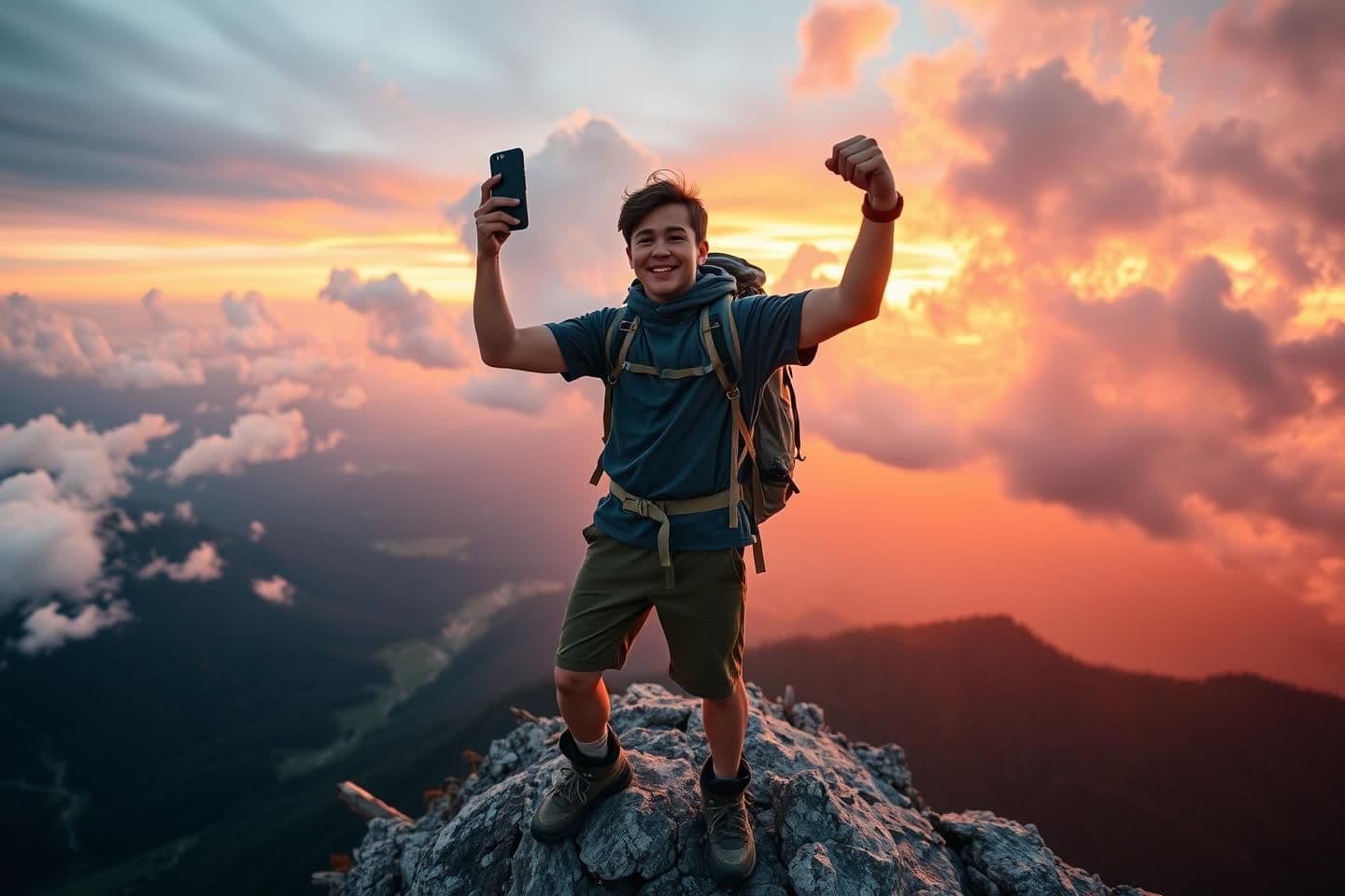 AI generated: "A young adventurous hiker standing triumphantly on a rugged mountain peak at sunset. The person is holding a smartphone high to take a wide-angle selfie, capturing their excited