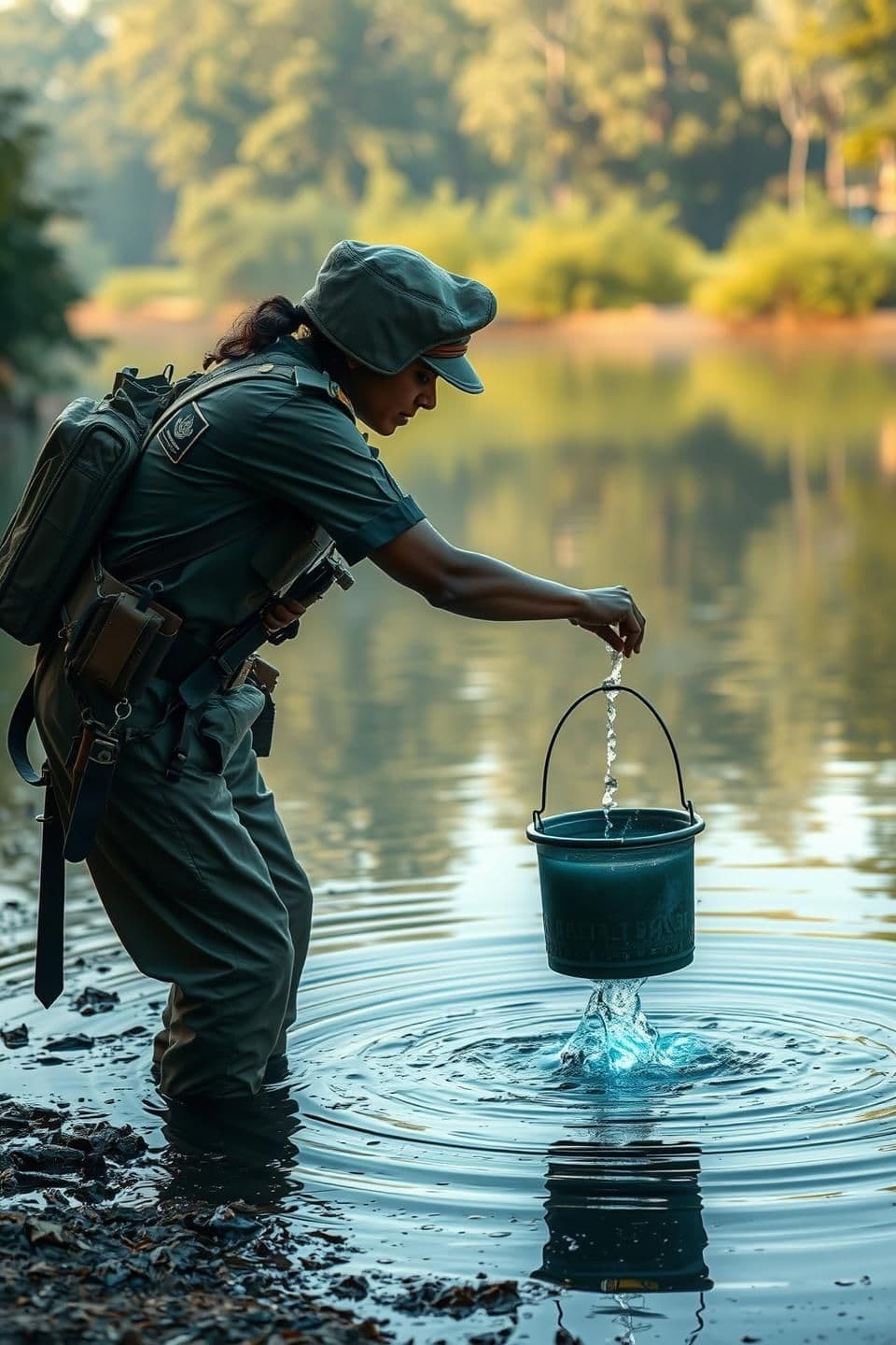 AI generated: 4k Near a peaceful pond, an Indian female soldier receives a bucket of water from a friendly water-spirit (jalpara). Realistic lighting, natural environment, soldier in full unifor