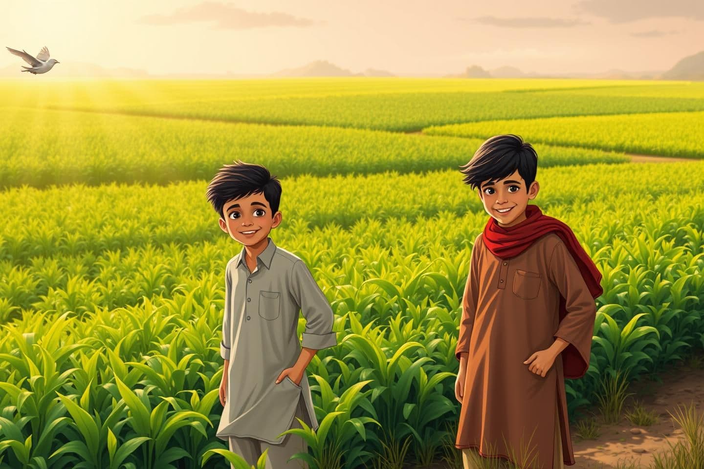 AI generated: Three young Pakistani brothers standing at the edge of lush, green fields, crops growing abundantly, sunlight casting a warm glow over the fields, gentle breeze, happy and hopeful