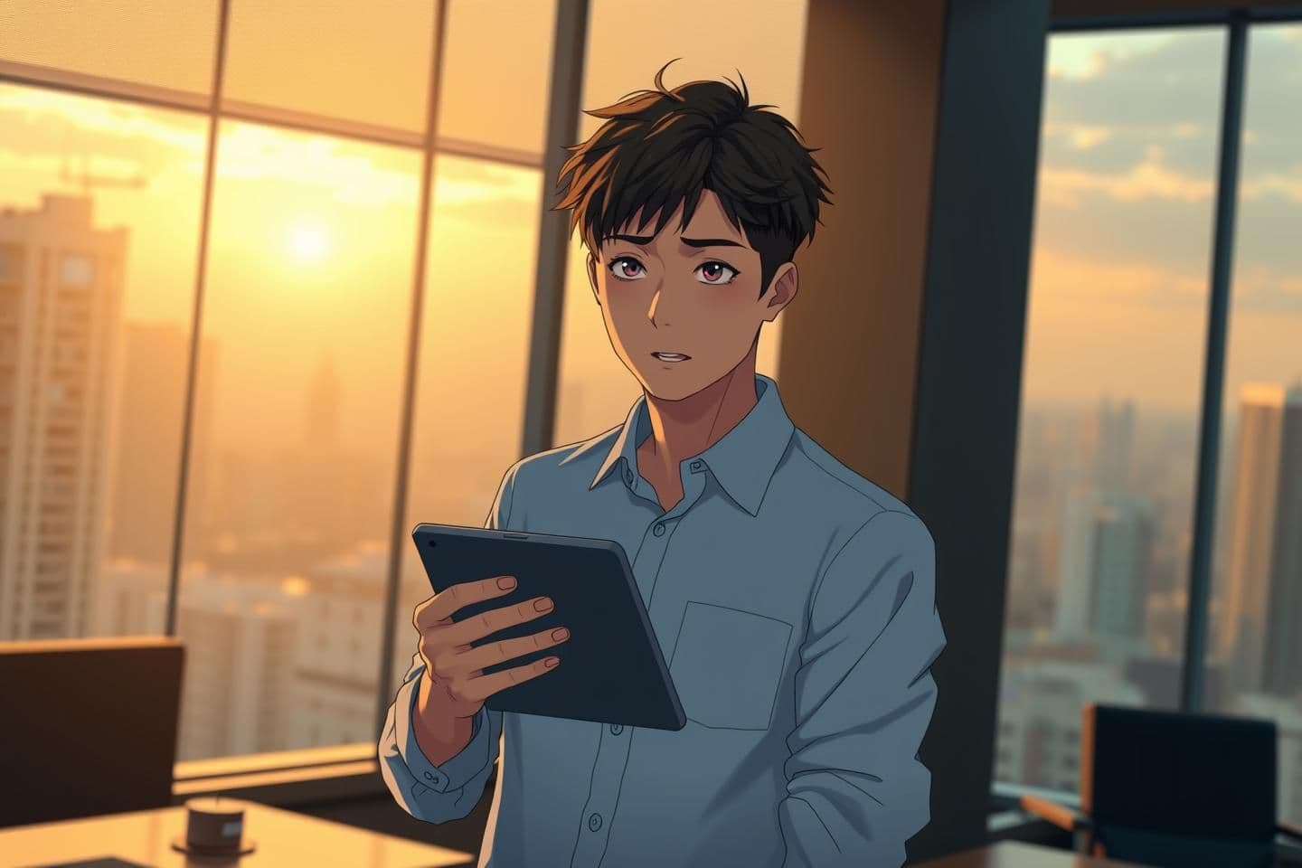 AI generated: Young Asian man early 20s, slim build, soft nervous eyes, messy dark brown hair, fair skin, shy anxious expression holding tablet to chest, light blue business shirt with rolled sl