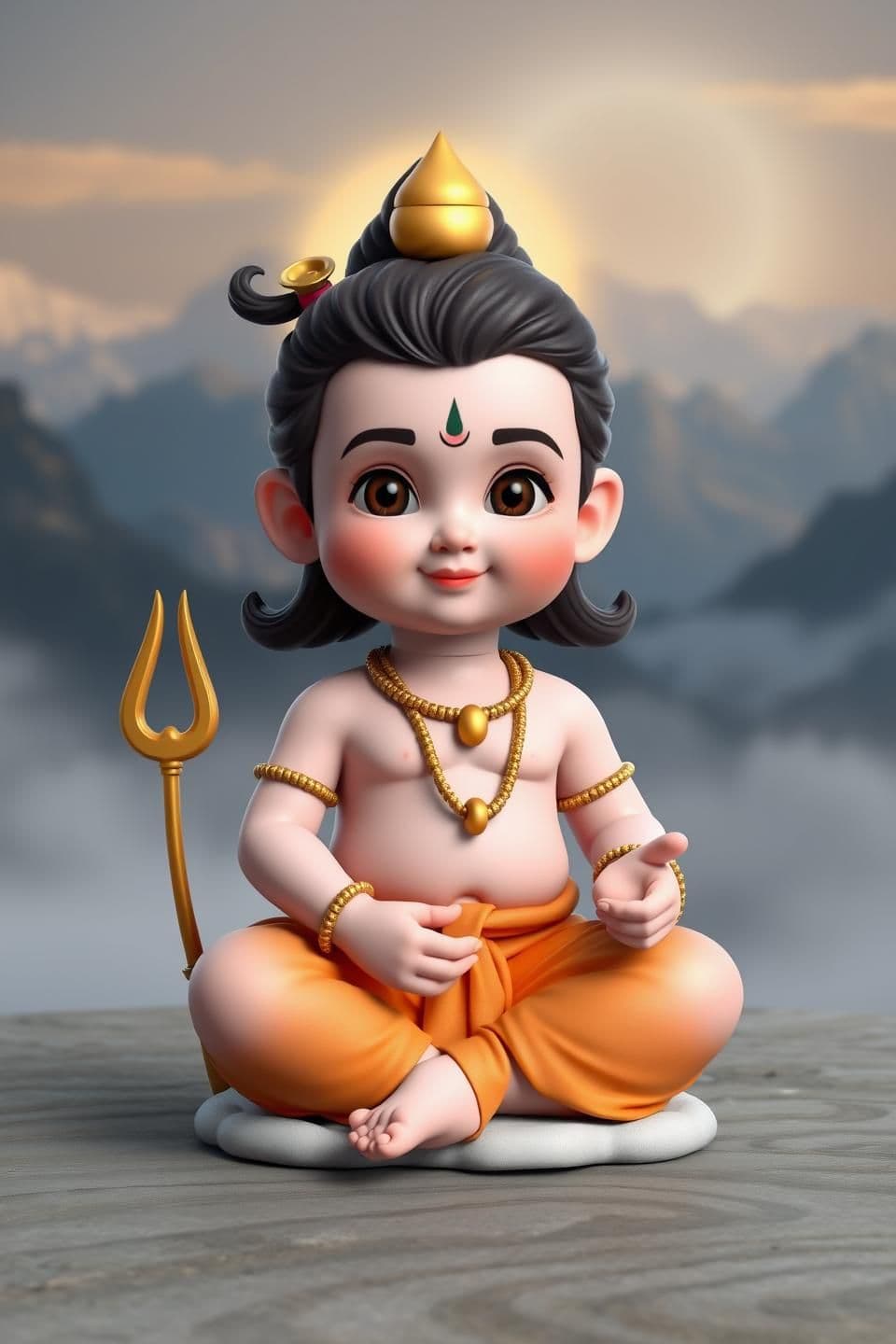 AI generated: A 3D cute baby version of Lord Shiva, small and adorable but fully respectful and divine, sitting in a gentle lotus pose with one leg slightly bent. Calm and serene expression, sli