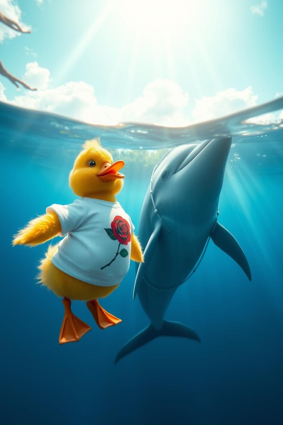AI generated: A cute, handsome yellow duck wearing a white T-shirt with a red rose print, black jeans, and waterproof shoes is swimming underwater toward a huge dolphin trapped in a fishing net.