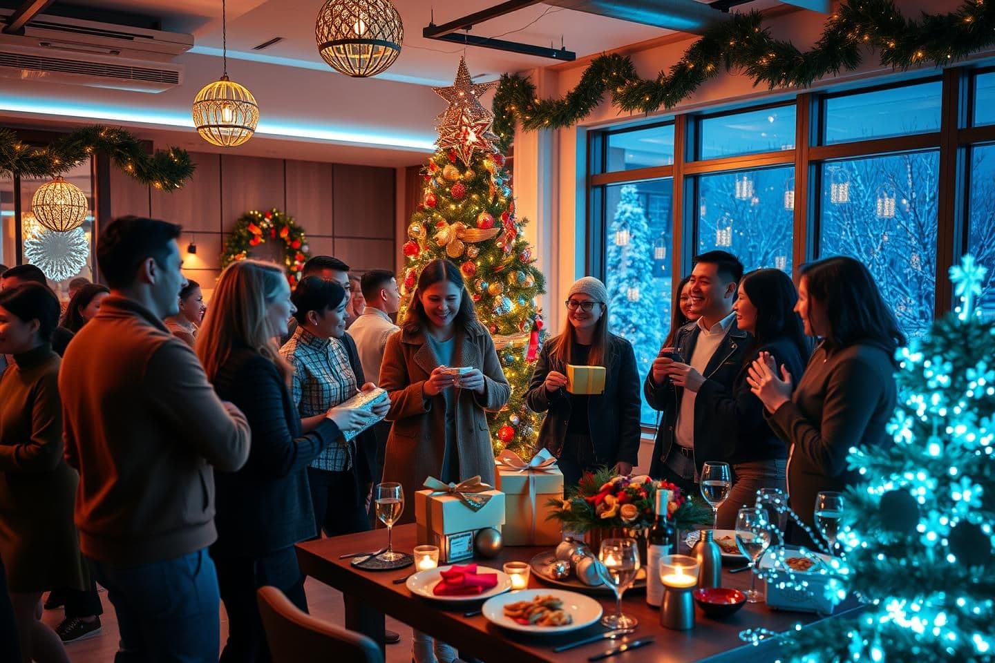 AI generated: A lively and modern Christmas party set in the year 2025, featuring festive decorations with futuristic accents, warm ambient lighting, and a beautifully decorated Christmas tree w