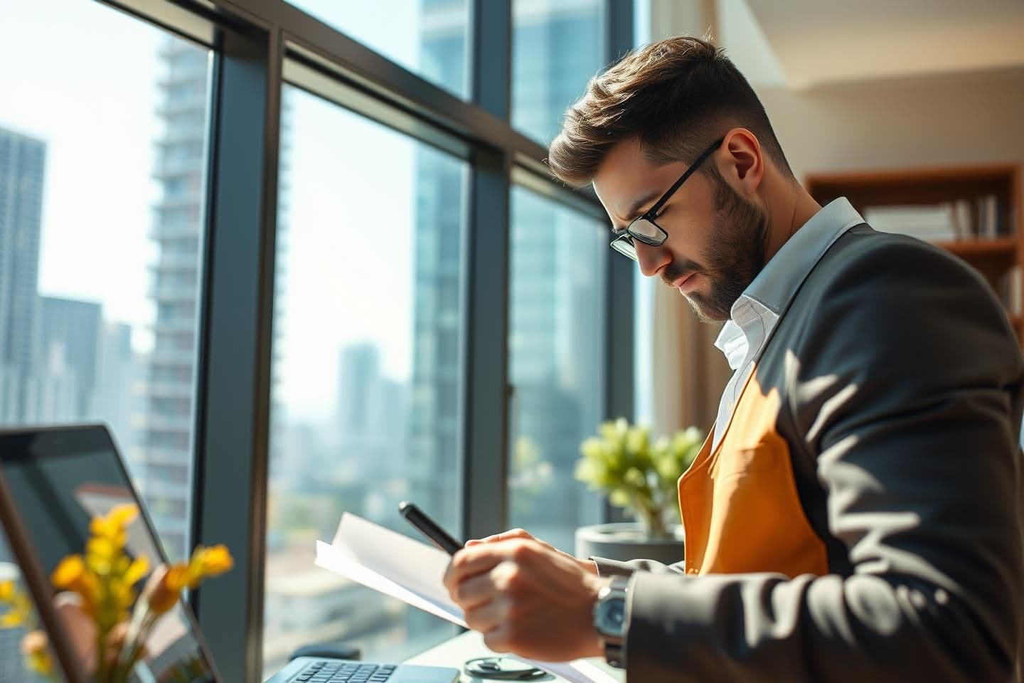 AI generated: Generate a close-up image of the lifestyle of an influential fitter worker where he is working. The person is busy and looking at his work. His style of dress is sophisticated. The