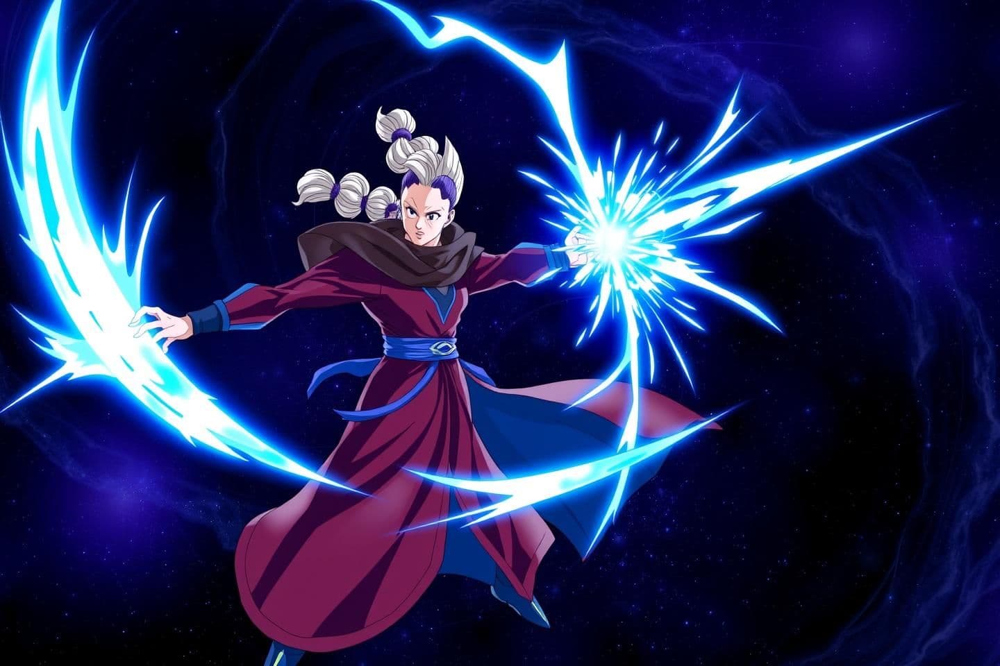 AI generated: Whis from Dragon Ball, alone in a cosmic battlefield, unleashing a full-force scythe swing. His maroon and blue robe flares dramatically as he channels divine energy. The glowing b
