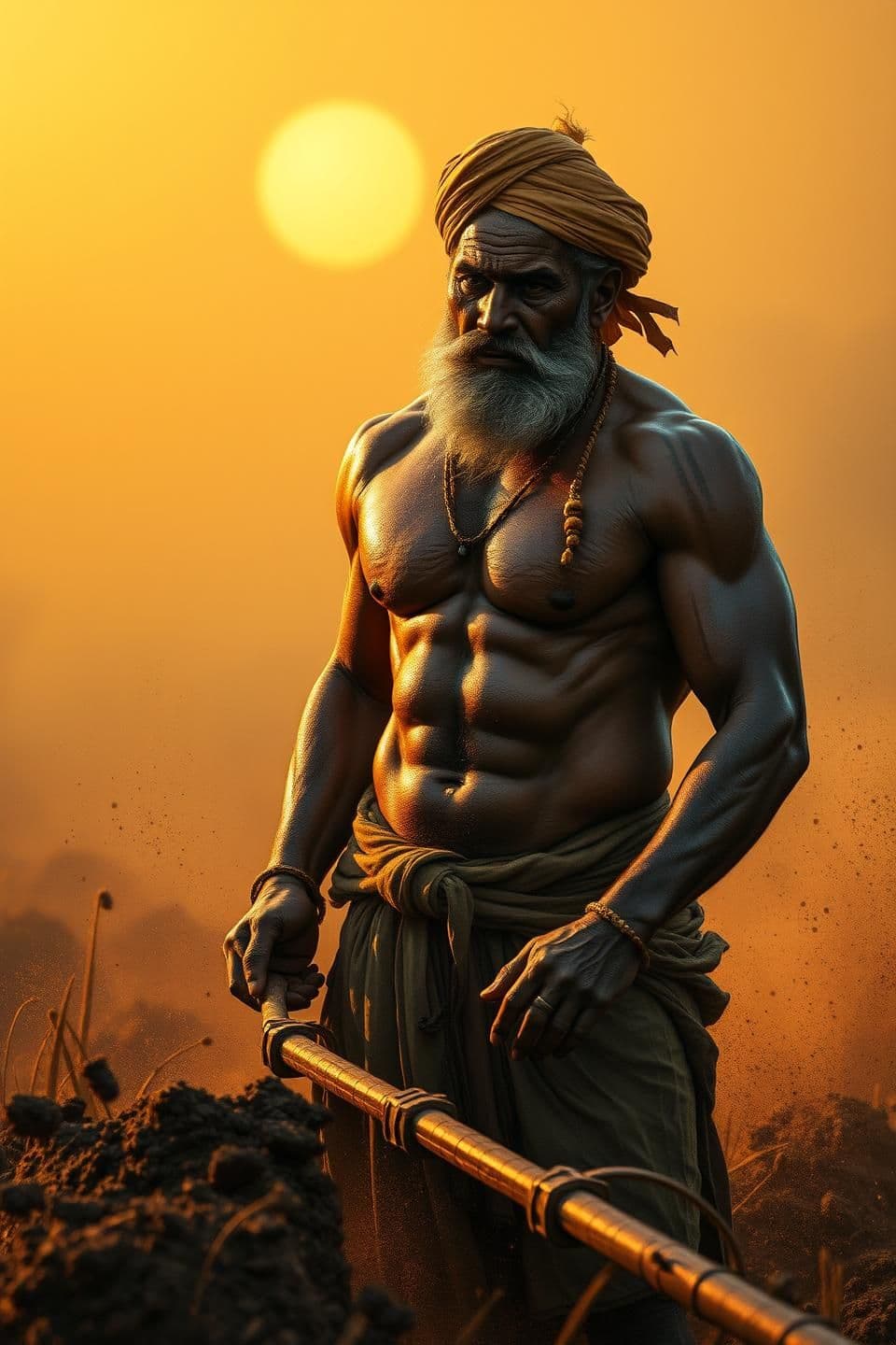 AI generated: “Realistic fantasy cinematic illustration, muscular Indian farmer working in the fields under golden sunlight, sweat glistening on skin, defined muscles, plough and soil around, dr