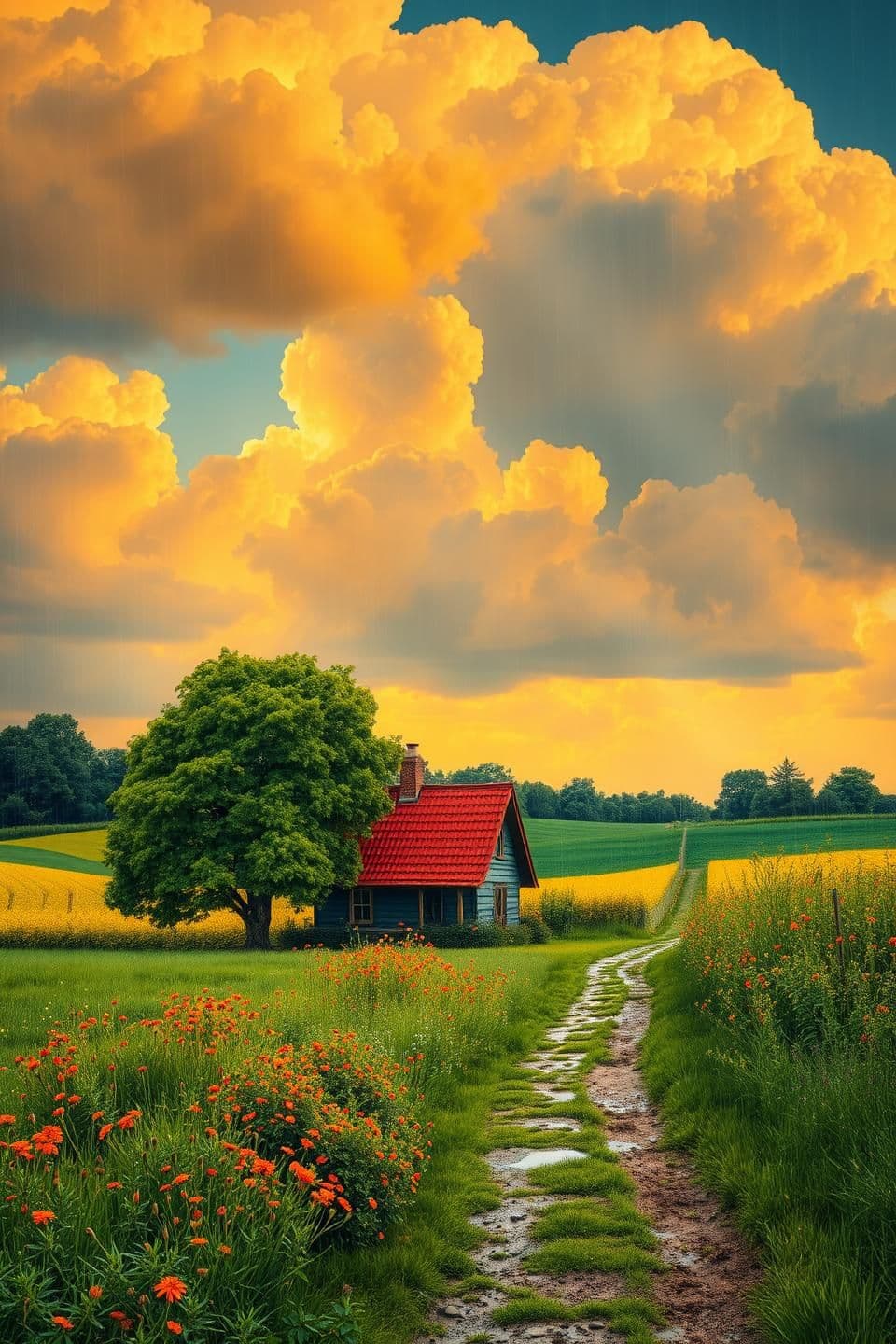 AI generated: Create a landscape of a serene countryside scene during a gentle summer rain. A cozy cottage with a red roof is nestled near a large, lush green tree. The sky is filled with dramat