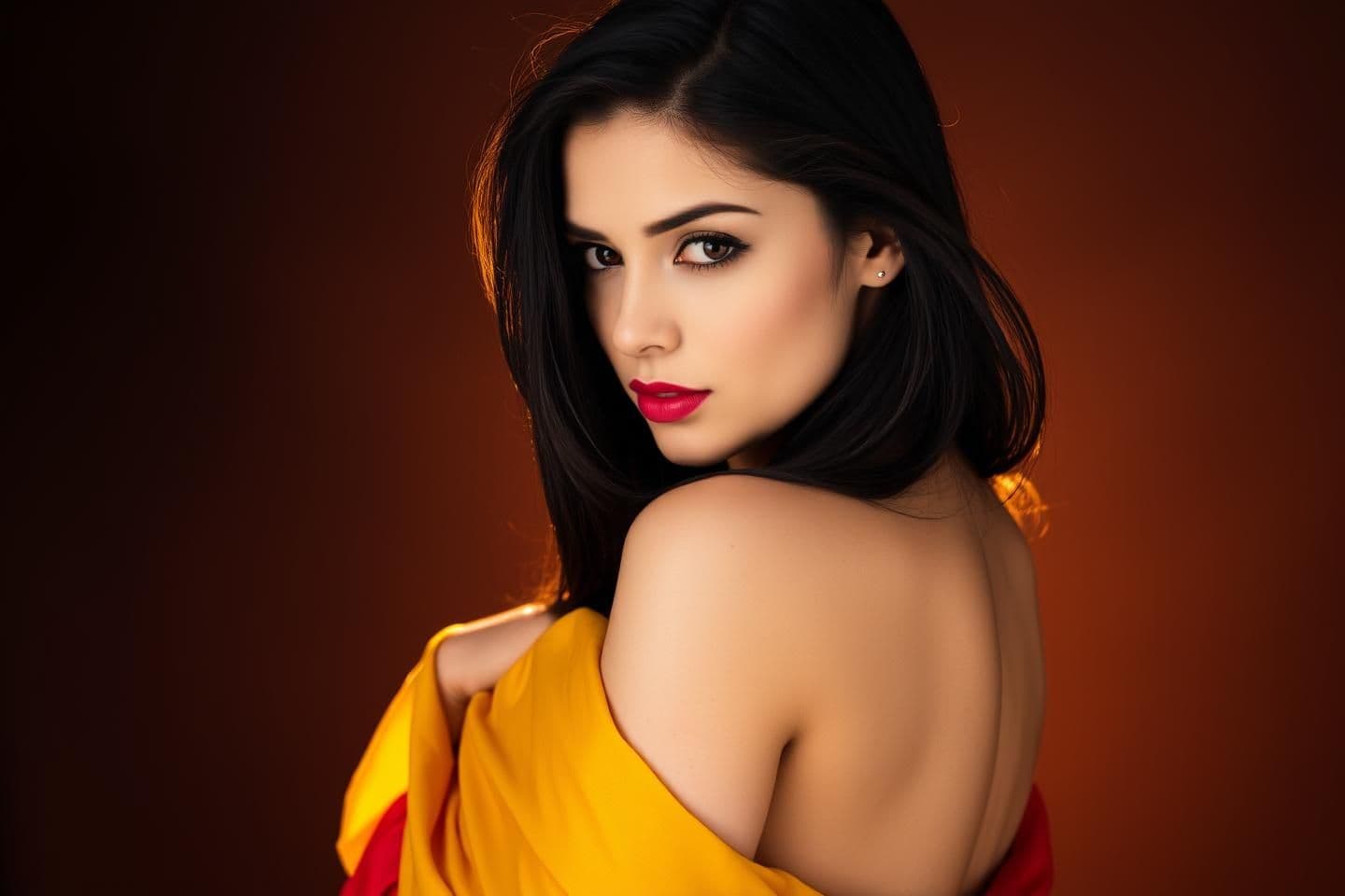 AI generated: A captivating studio portrait of a woman, with warm, soft lighting that highlights her features and creates dramatic shadows. She has long, dark hair flowing over her shoulders. He