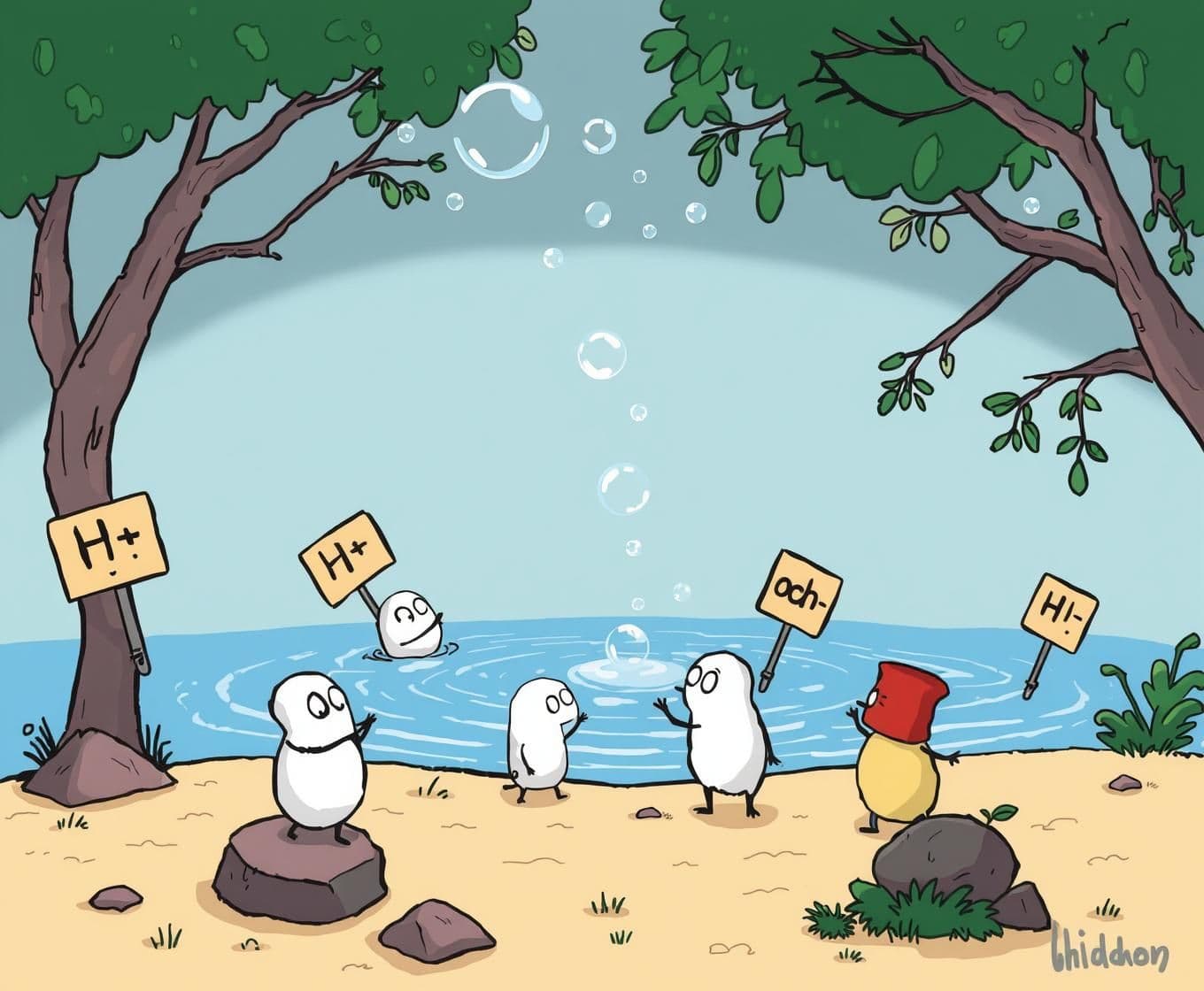 AI generated: Ions of chemistry like h+ and oh- and some salts...show then cartoon with some signs on them like postitive and negative playing around a kingdom..some are looking into the water..