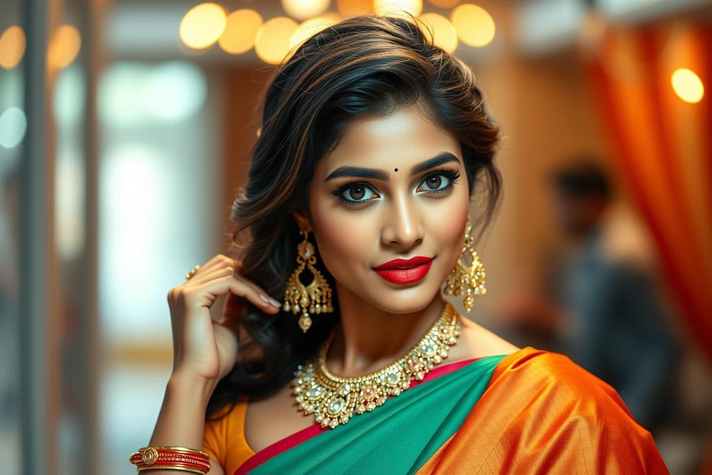 AI generated: “Ultra-realistic attractive Indian woman in a stylishly draped saree, smooth glowing skin, expressive eyes, glossy lips, elegant jewelry, confident pose, naturally fuller curves (t