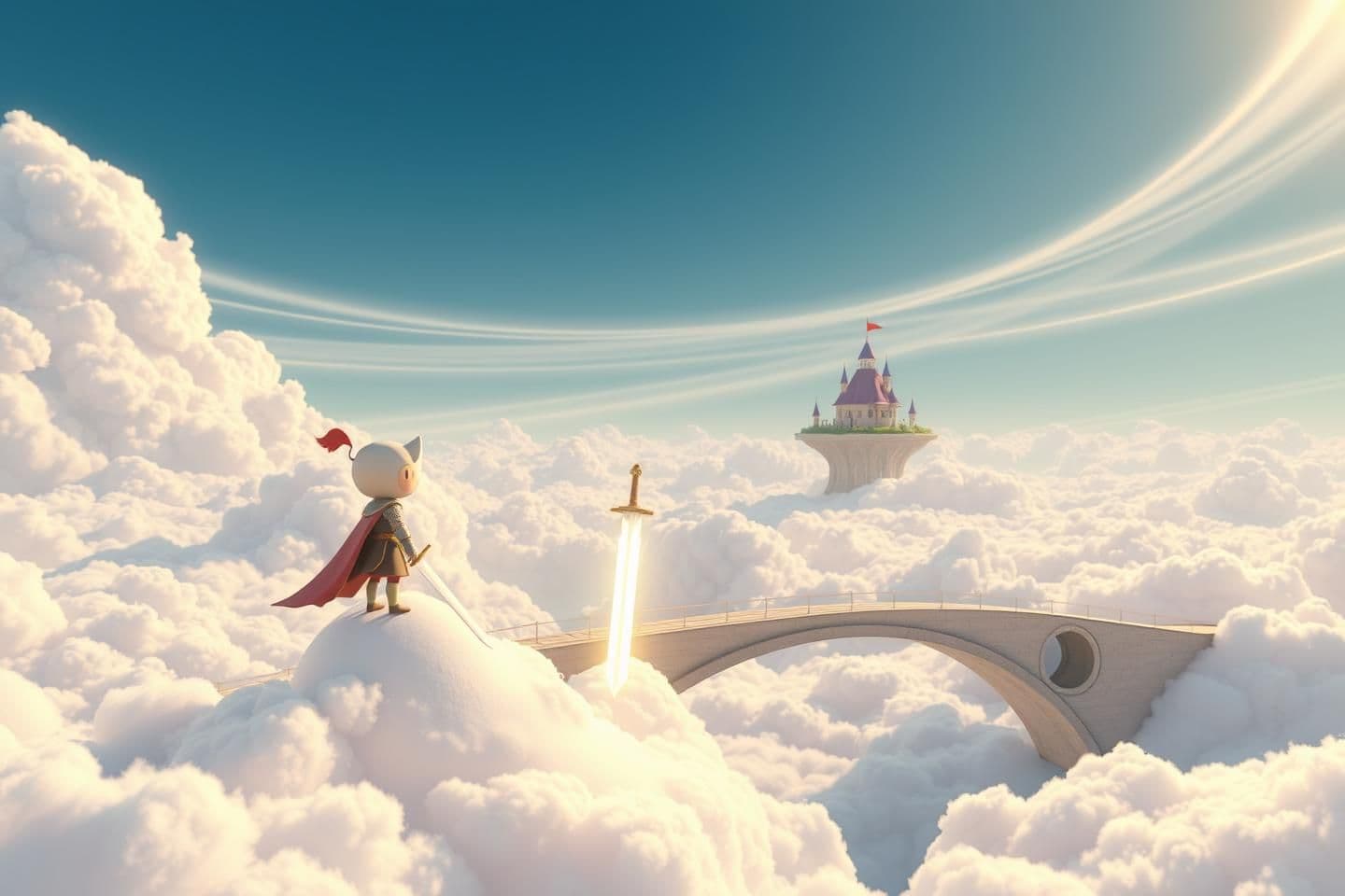 AI generated: 3D animated fantasy sky kingdom above the clouds, bright soft sunlight, floating islands with tiny houses, gentle wind trails in the air. Show the tiny knight Pip standing on a clo