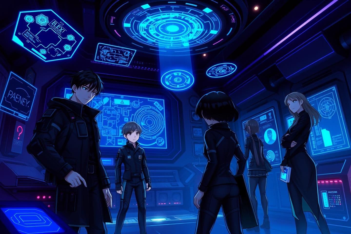 AI generated: “Create a semi-realistic anime-style illustration of an intense mission scene inside an underground command chamber.
The atmosphere is dark, high-tech, glowing in deep blue and vio