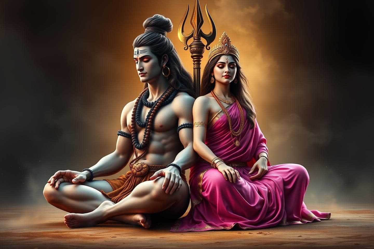 AI generated: Create a highly detailed, ultra-realistic digital painting of Lord Shiva and Goddess Parvati sitting together in a meditative pose. Shiva should have long matted hair tied in a bun