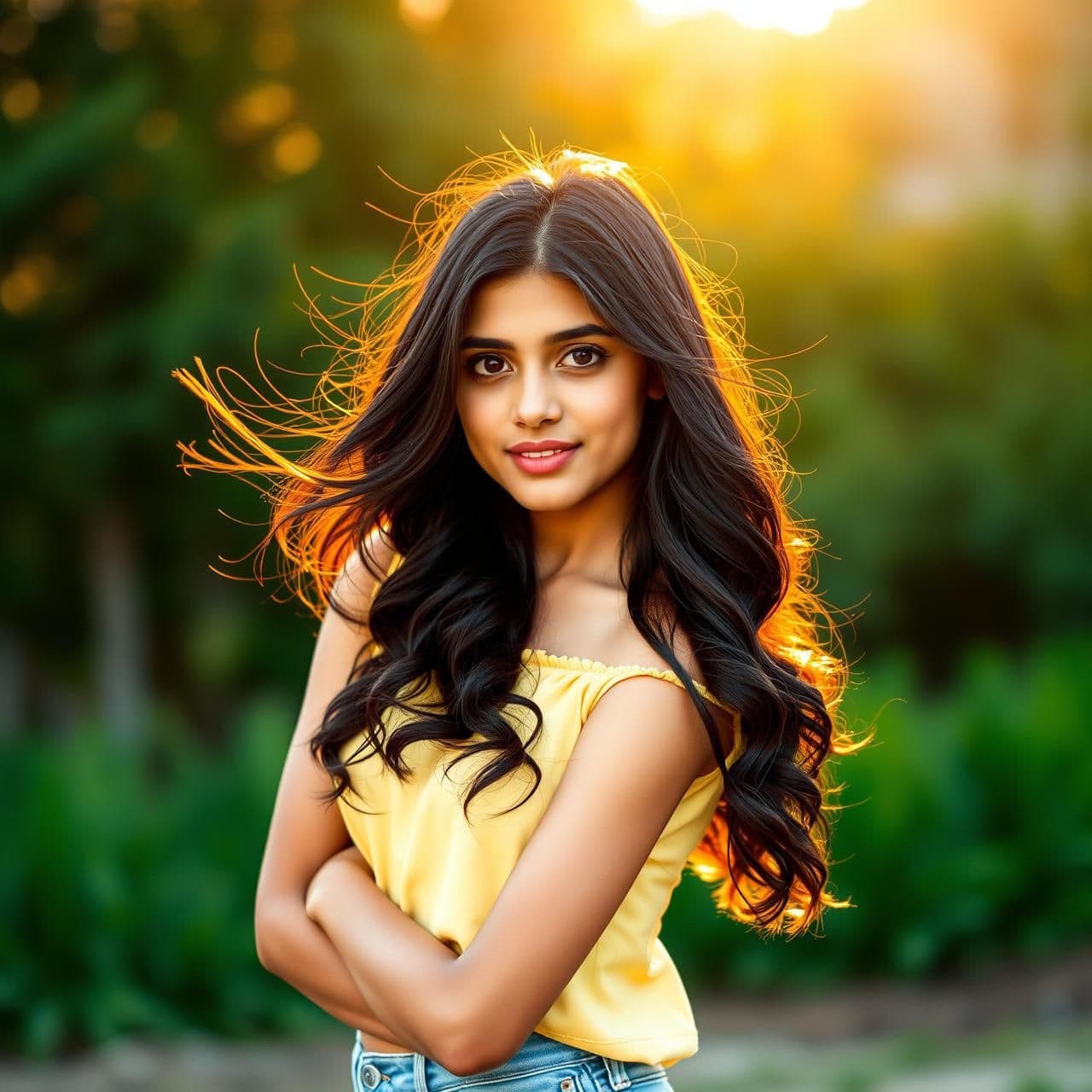 AI generated: “21-year-old Indian girl outdoors in soft golden sunlight, long black wavy hair blowing gently, warm glowing skin, expressive eyes, wearing a pastel yellow top and jeans, standing