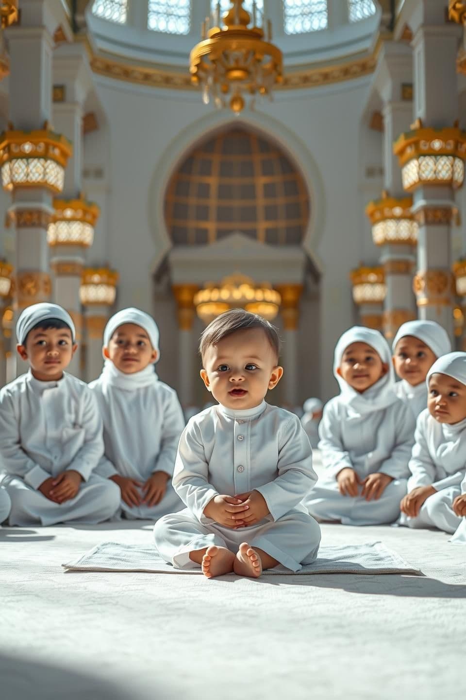 AI generated:
“A hyper-realistic, crystal-clear 8K vertical cinematic Islamic scene inside Masjid-e-Nabawi.
In the center, a 1-year-old extremely cute Muslim baby boy is sitting gracefully on a