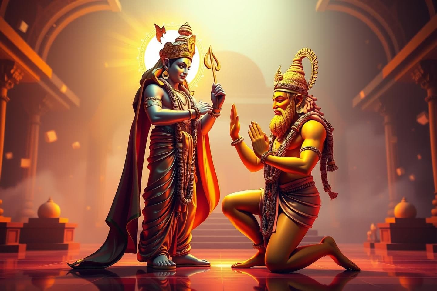 AI generated: Lord Shri Ram standing gracefully in divine golden light, gently blessing Lord Hanuman who is kneeling with folded hands. Both figures portrayed in highly stylized Cubanitic 3D art