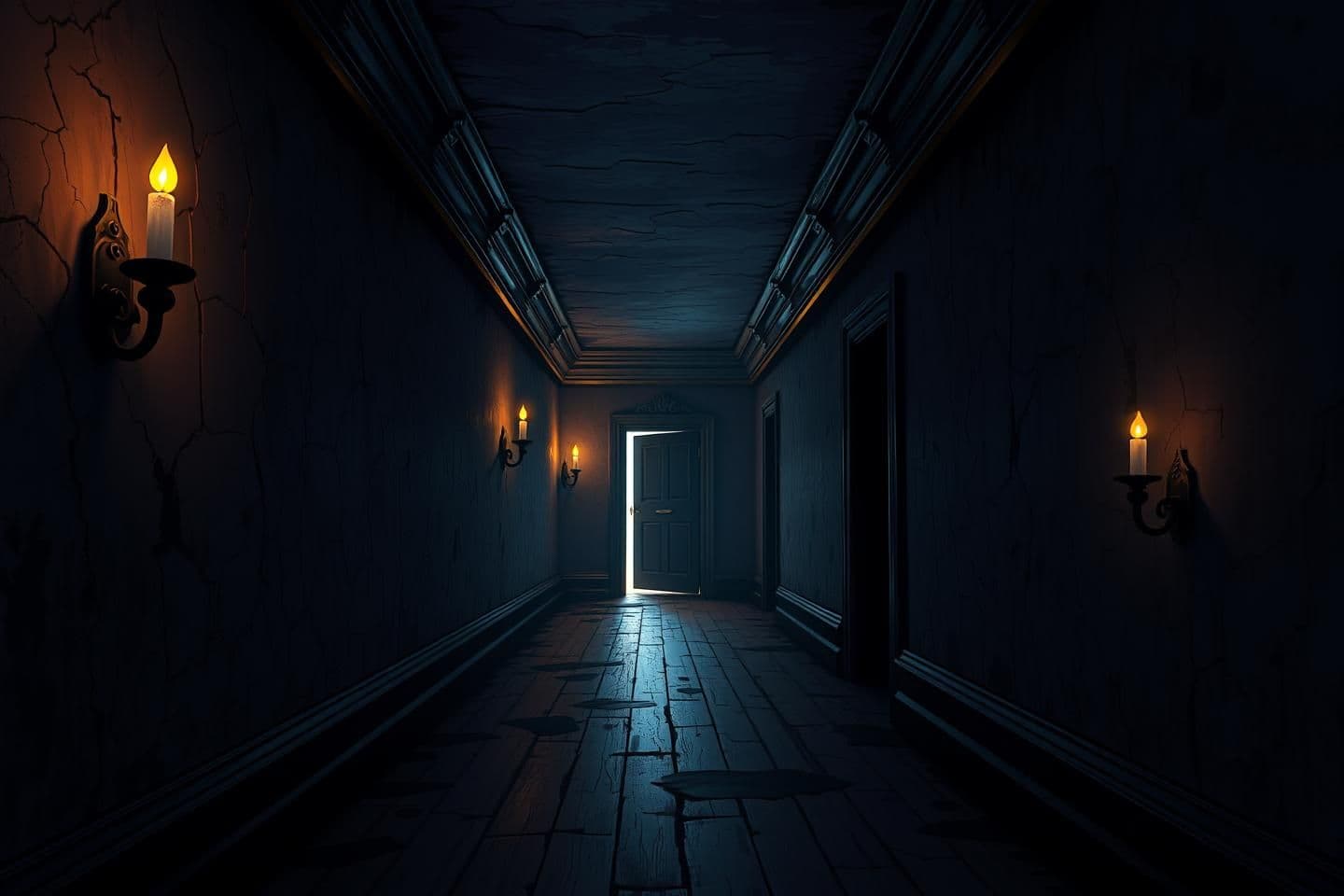AI generated: Dark narrow hallway inside an old mansion, flickering candlelight and dim ceiling lights, cracked walls with peeling paint, broken floorboards, shadows stretching along the corrido