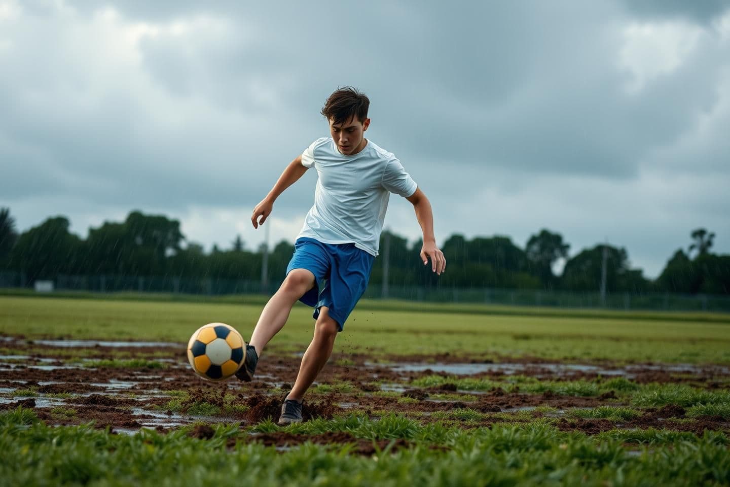 AI generated: A teenage boy playing football in the rain, wearing a white T-shirt and blue shorts soaked with water, kicking the football on a muddy field, raindrops splashing, dark cloudy sky,