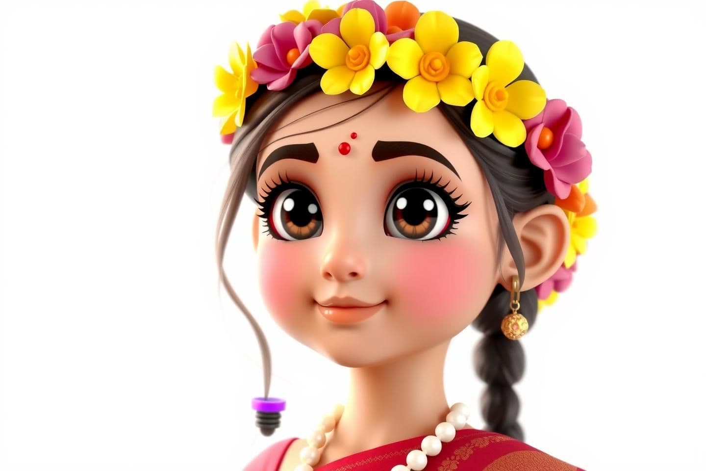 AI generated: A beautiful 10-year-old girl character, no background — pure white or transparent background. She has big, shiny eyes with thick black kajal, soft pink eyeshadow above the eyes, an
