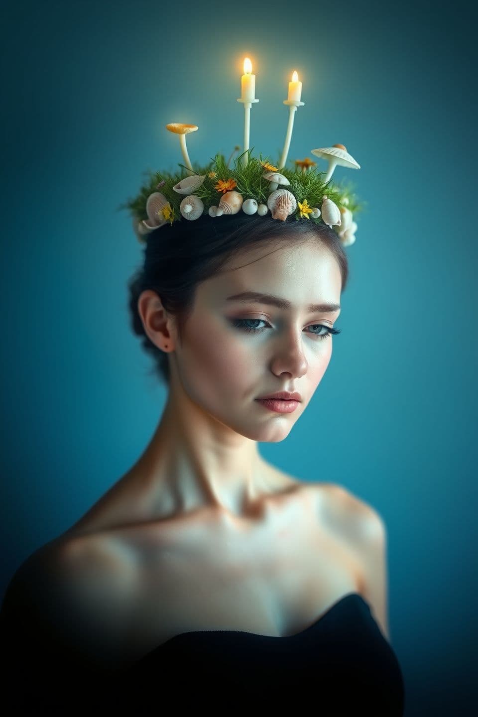 AI generated: A young woman with a small floating garden above her head, tiny flowers and grass gently hovering, soft daylight, dreamy surreal beauty, clean background an elegant crown made of s