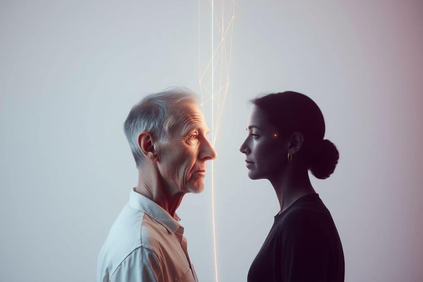 AI generated: People standing apart connected only by faint glowing lines in the air, white minimal background, conceptual internet connectivity visualization face split vertically, one side nat