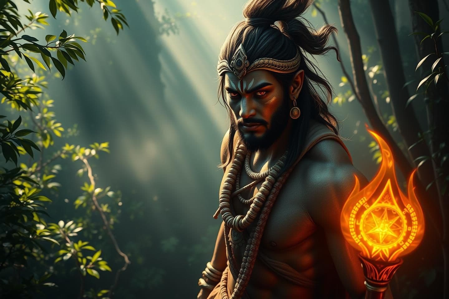 AI generated: Create an ultra-realistic, 8K cinematic artwork of Lord Hanuman standing in a real dense ancient forest. He has the physique of a powerful bodybuilder, with tensed, defined muscles