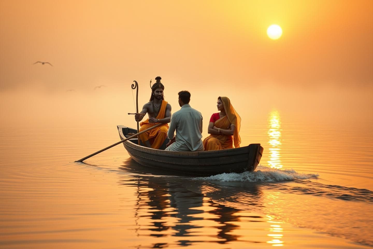 AI generated: Ultra-realistic cinematic devotional scene of Lord Rama, Goddess Sita, and Lakshmana seated in a small wooden boat rowed by Kevat across the Ganga River at sunrise.
The golden-oran
