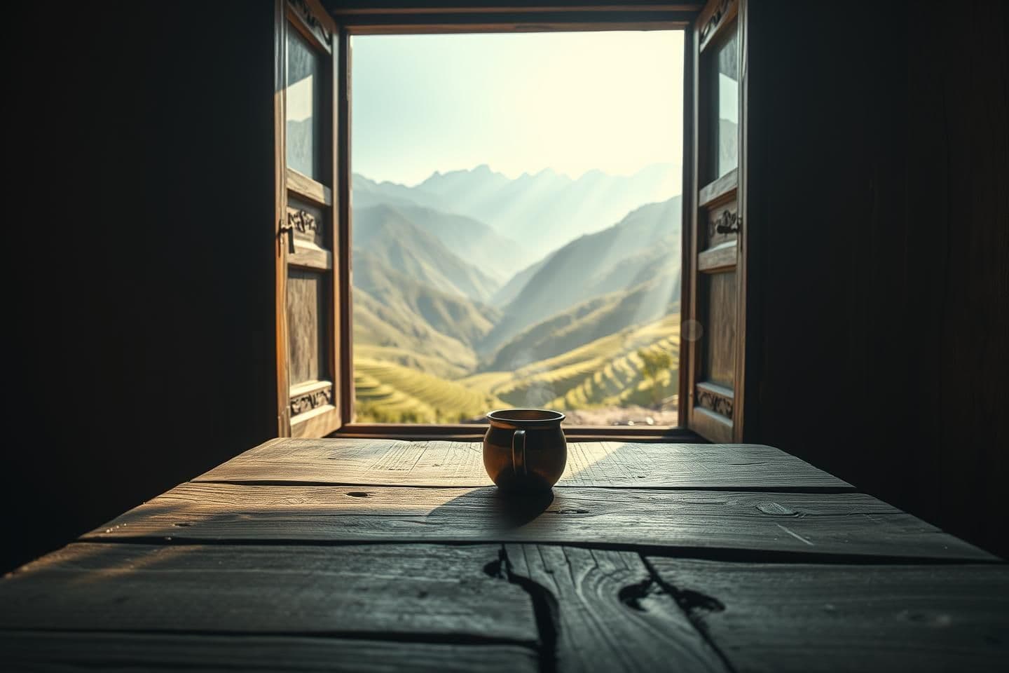 AI generated: POV shot from inside a rustic Tibetan home looking out a carved wooden window frame. In the immediate foreground, a weathered wooden table with a steaming copper cup of butter tea
