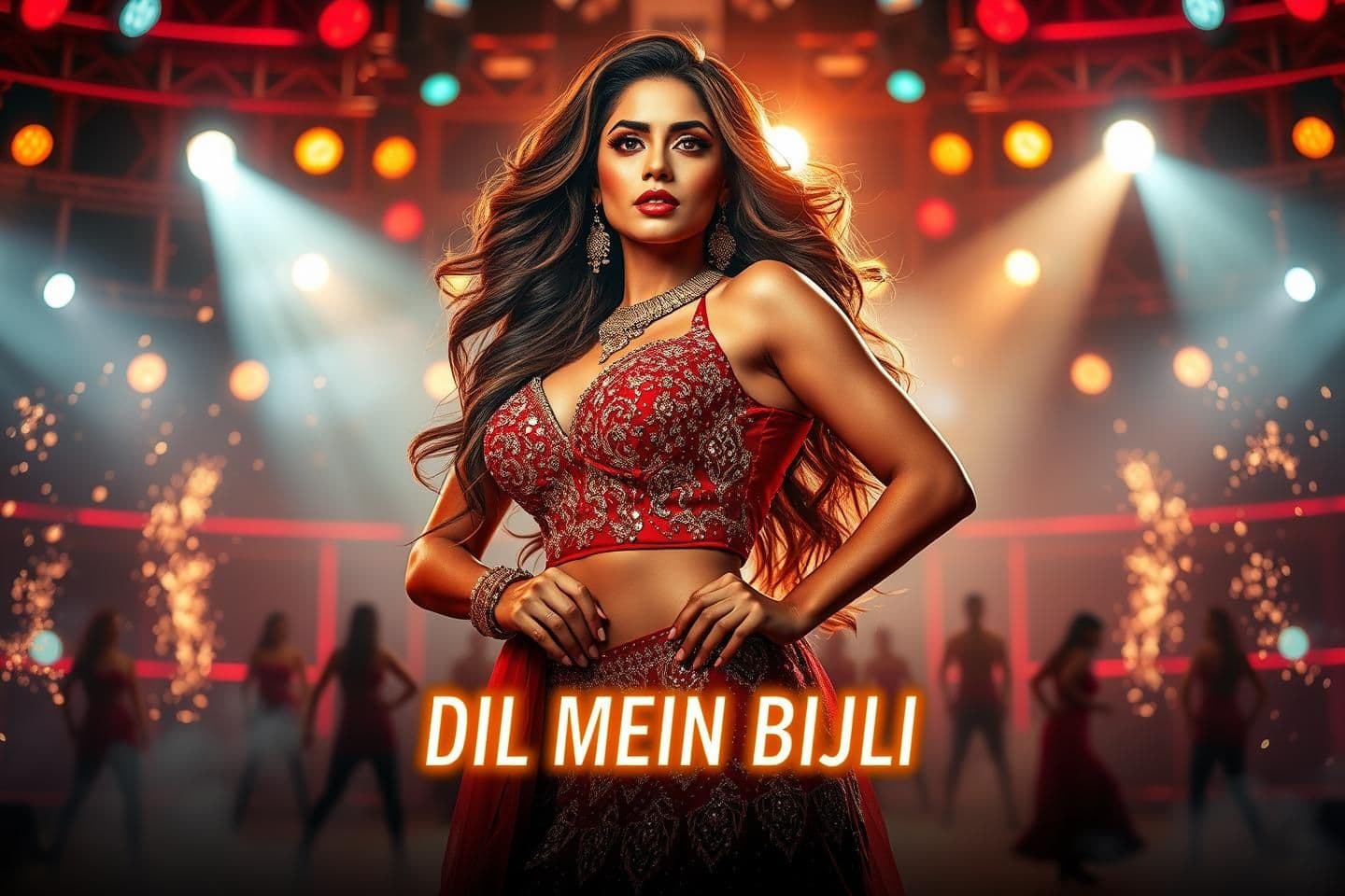 AI generated: Bollywood item-song stage performance poster for “DIL MEIN BIJLI”.
A glamorous female performer on a grand stage, full-body view, wearing a
red-gold crystal-studded designer lehe