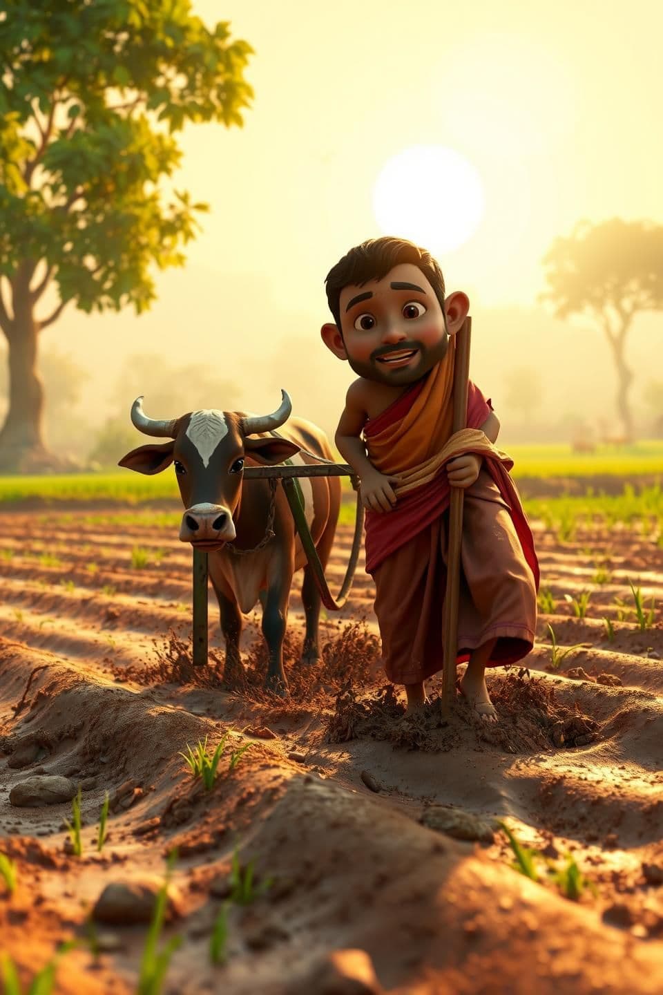 AI generated: 🎬 Scene 1 (0–2s): किसान खेत में काम करता हुआ
Image Prompt (3D Pixar Indian):
"Indian farmer working in muddy field under soft golden sunlight, wearing simple dhoti-kurta, sweat o