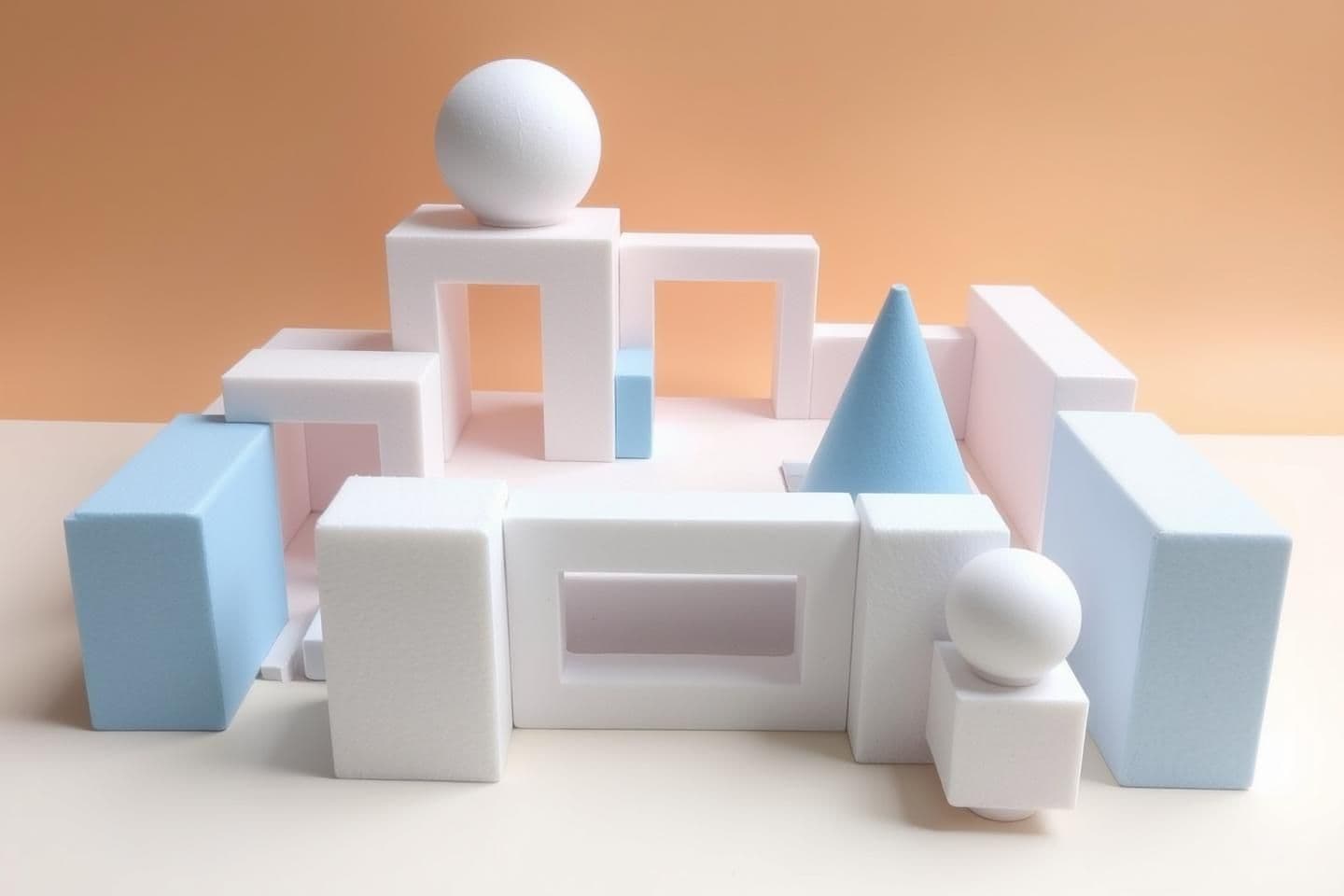 AI generated: The task is to build space, not objects. Using floral foam bricks, you will compose a spatial module using any three combinations from the following: 03 cubes (50×50×50 mm), 0